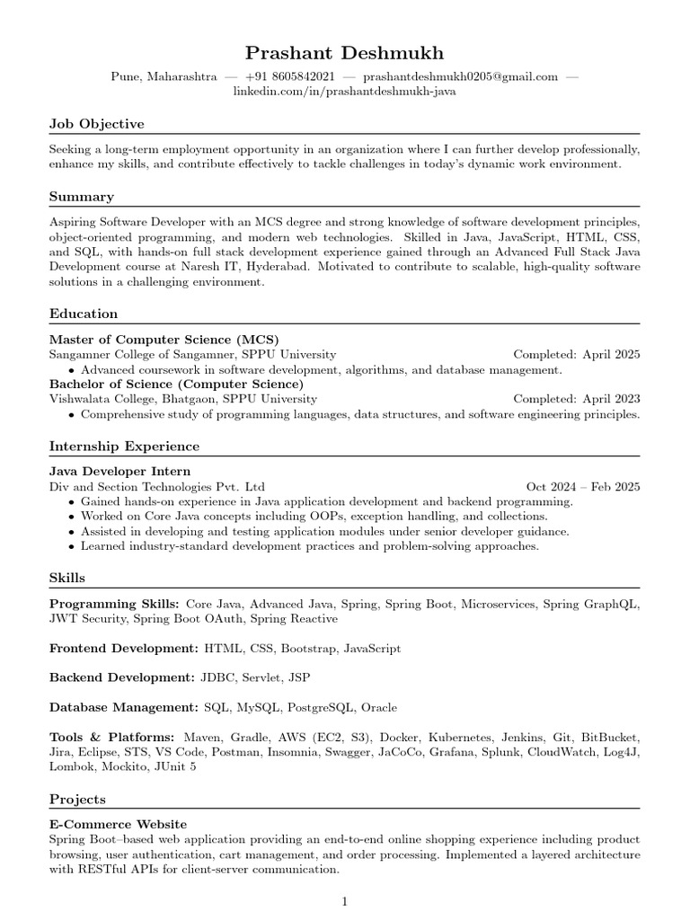 Prashant Deshmukh Java Developer | PDF | Java (Programming Language ...