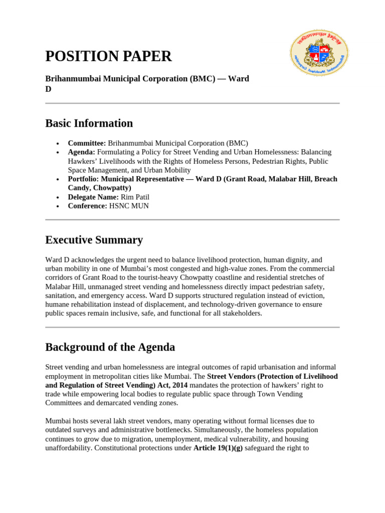 POSITION PAPER BMC Ward D | PDF | Homelessness | Mumbai