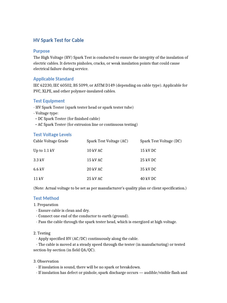 HV Spark Test for Cable | PDF