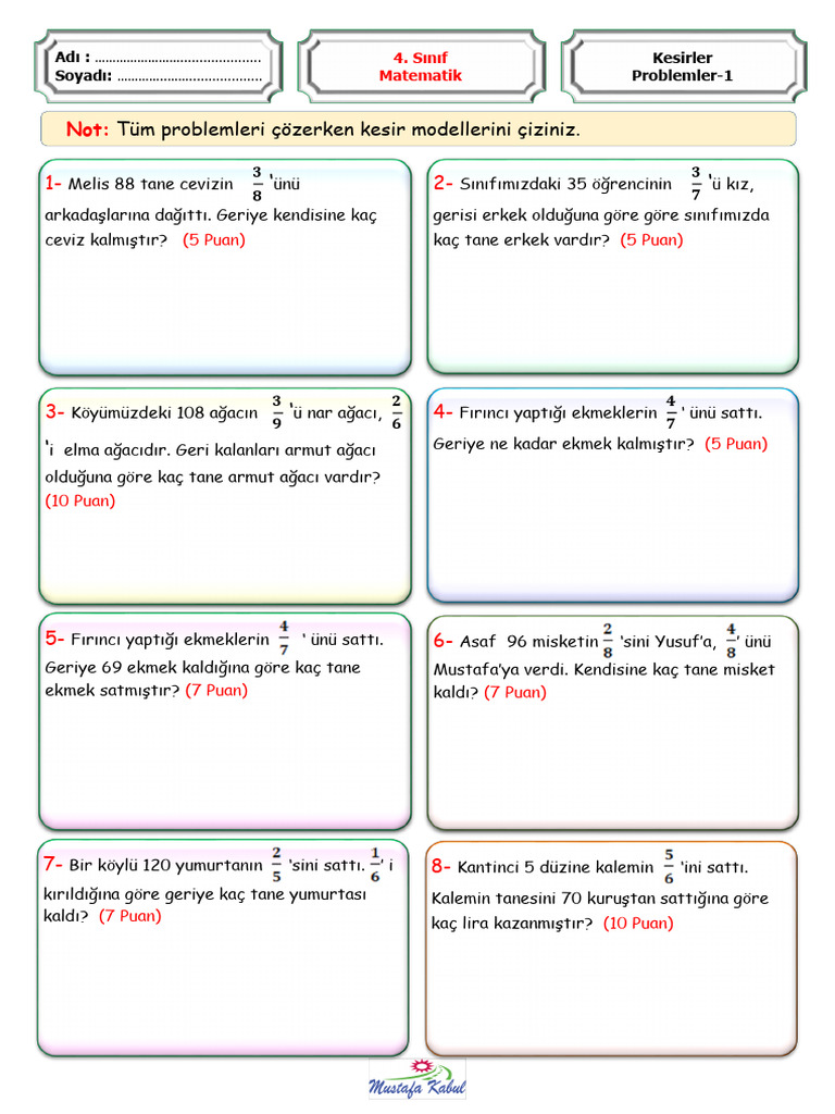 4 Matematik Kesirler Problemler 1 | PDF