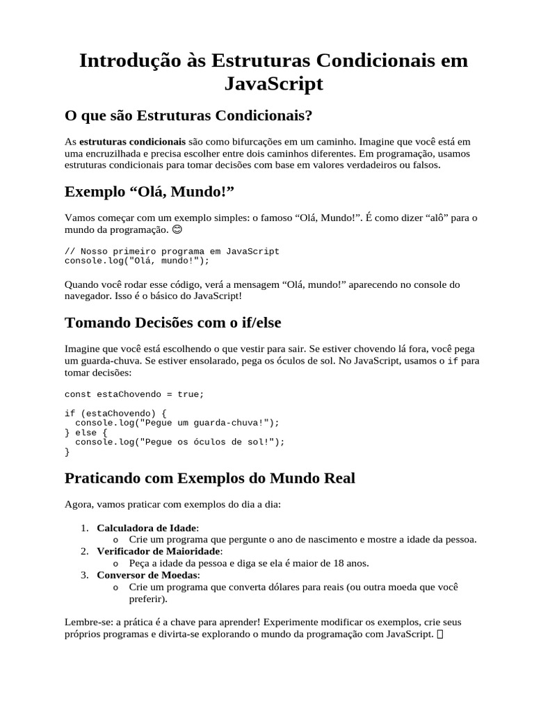 Introdução Às Estruturas Condicionais em JavaScript | PDF | Índice de ...