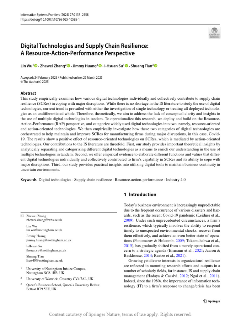 Digital Technologies and Supply Chain Resilience A | PDF | Supply Chain ...