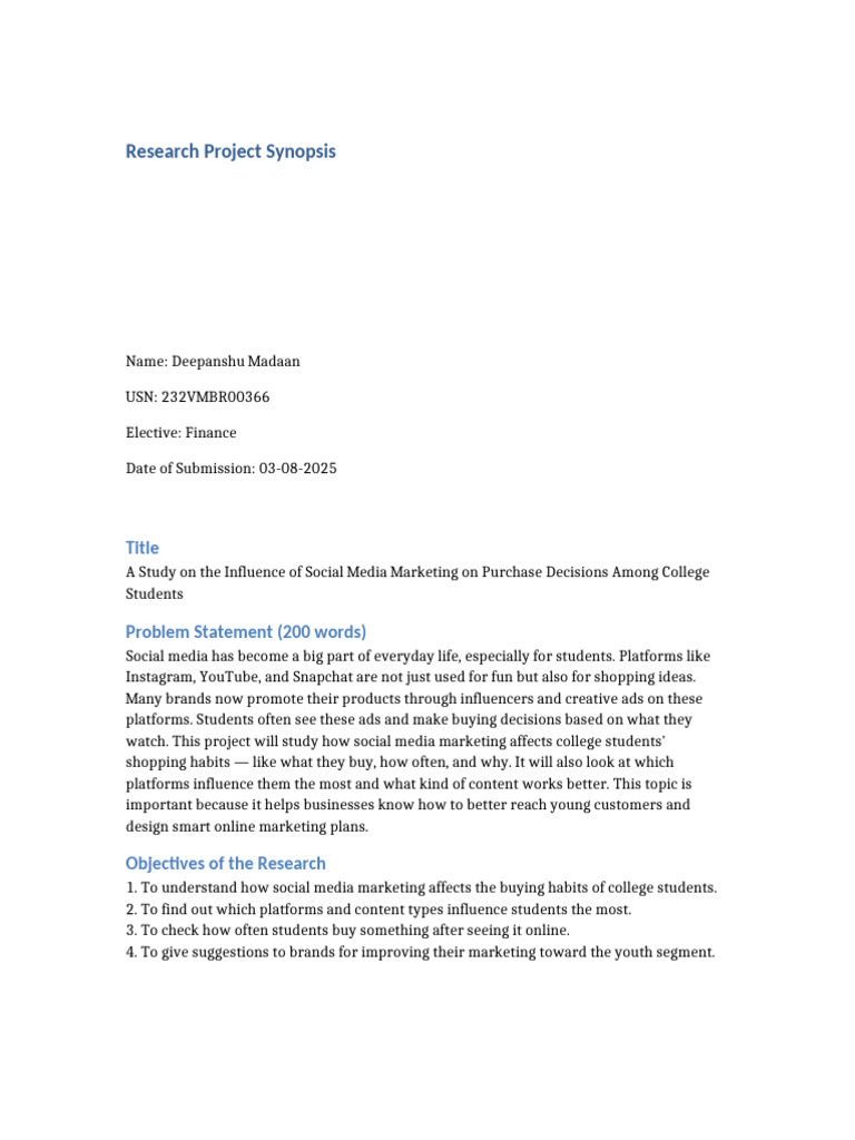Final Synopsis Template Format | PDF | Sampling (Statistics) | Social ...