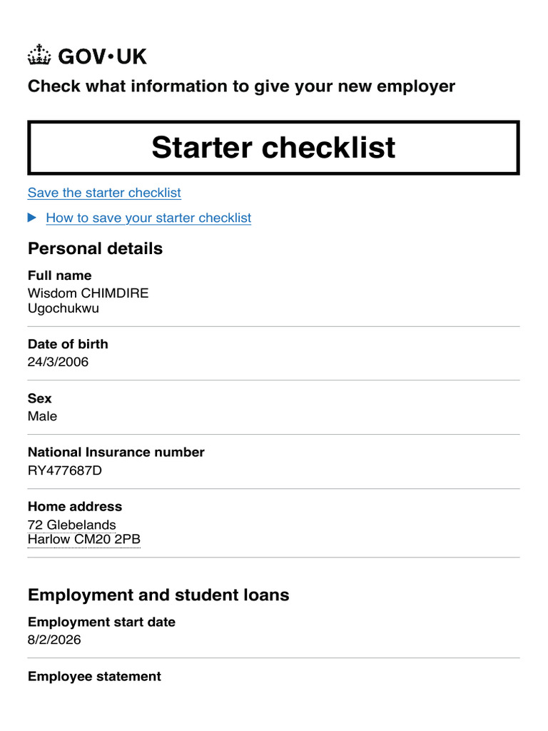 Starter Checklist - Guidance - GOV - Uk | PDF
