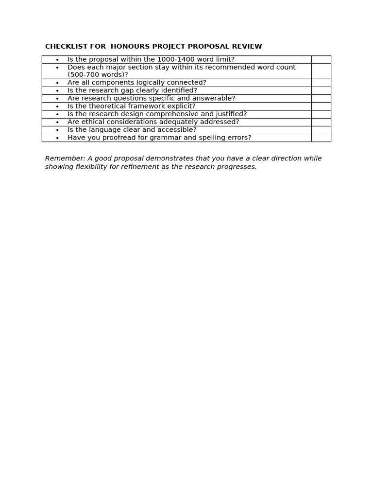 Honours Project Proposal Review Checklist | PDF