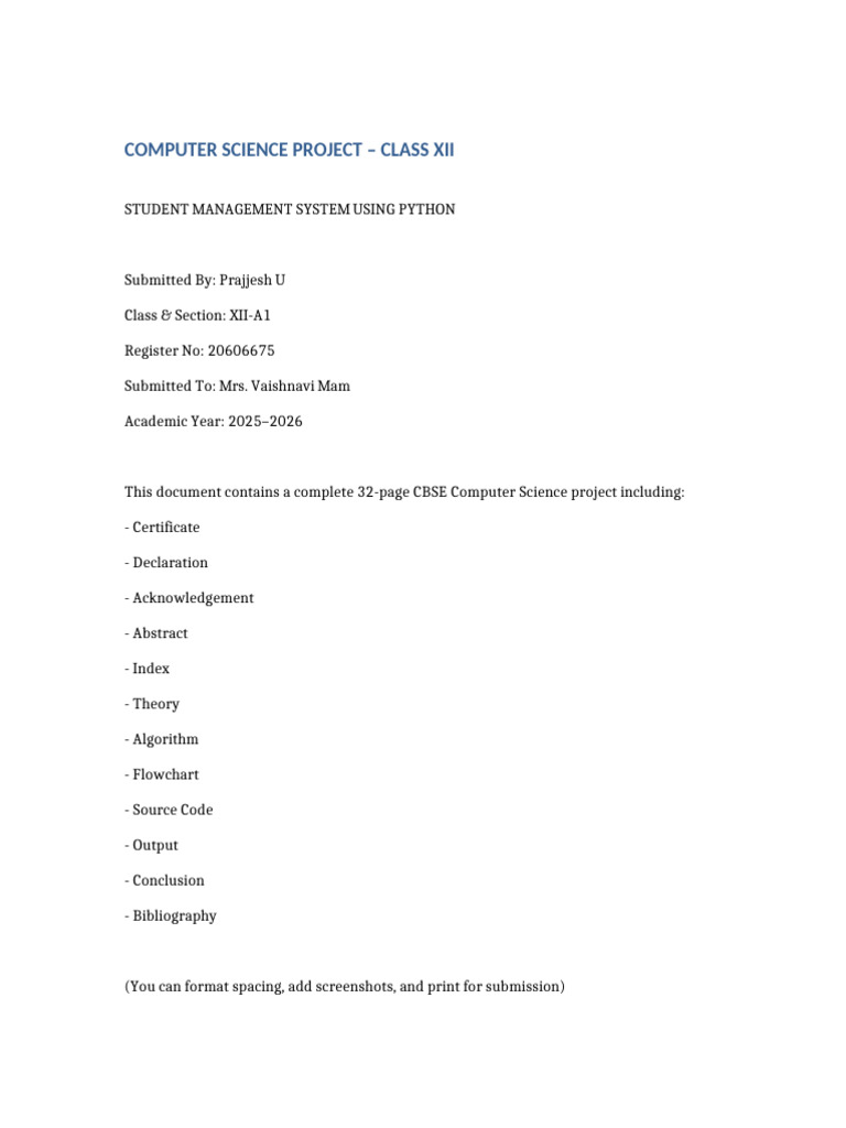 Class 12 Computer Science Project Prajjesh | PDF