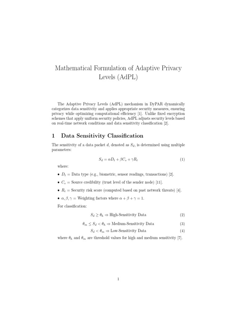 Mathematical Formulation of Adaptive Privacy Levels (AdPL) | PDF ...