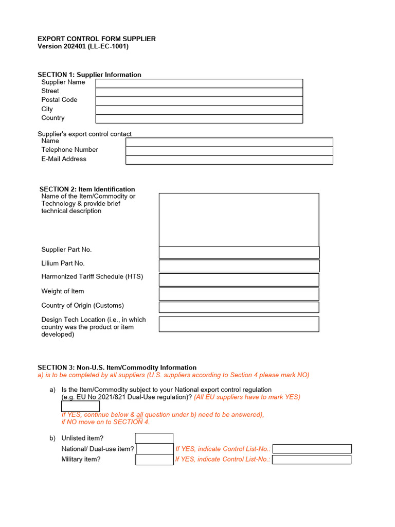Lilium Export Control Form Supplier | PDF