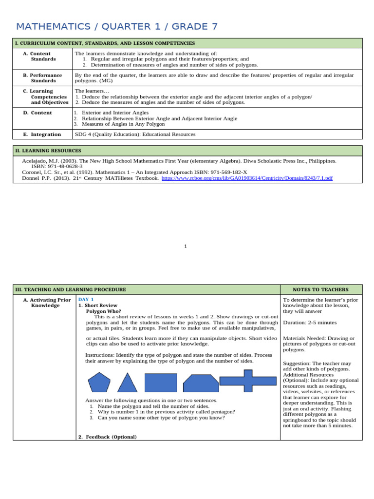 LE W3 Q1 MATH | PDF | Angle | Polygon