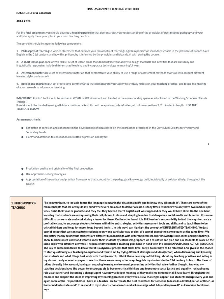Final Assignment Teaching Portfolio de La Cruz | PDF | Differentiated ...