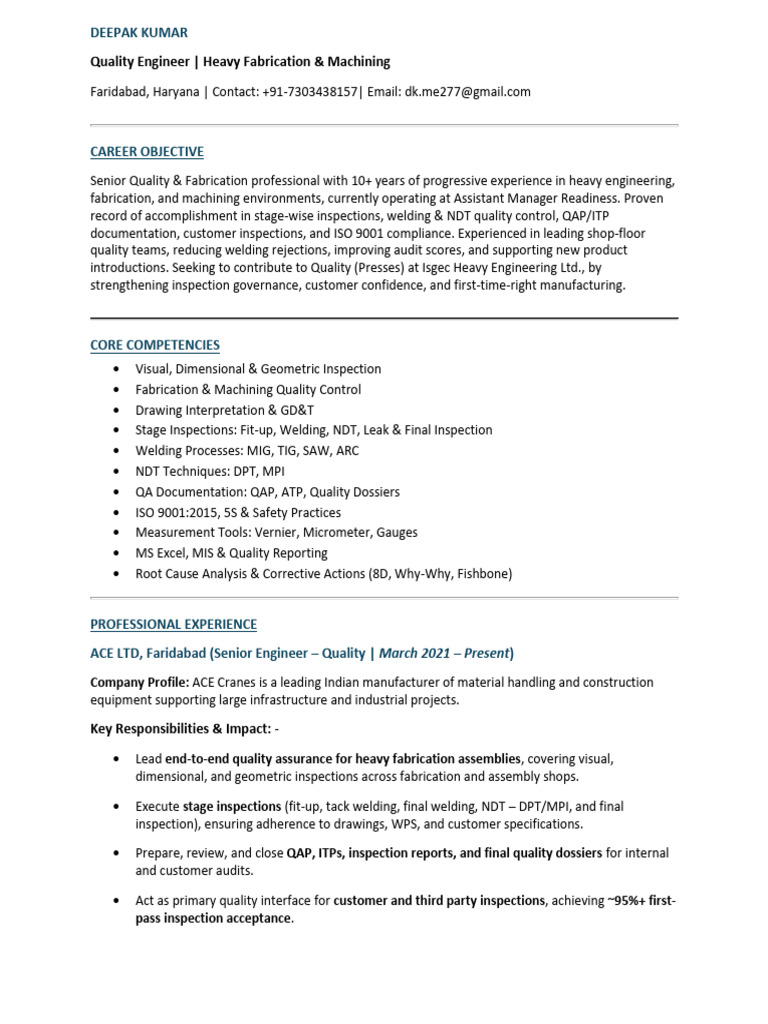 Deepak Kumar - Quality Engineer (Heavy Fabrication) | PDF | Quality ...