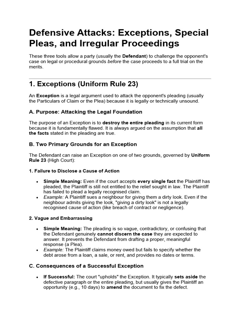 Exceptions, Special Pleas and Irregular Proceedings | PDF | Pleading | Plea