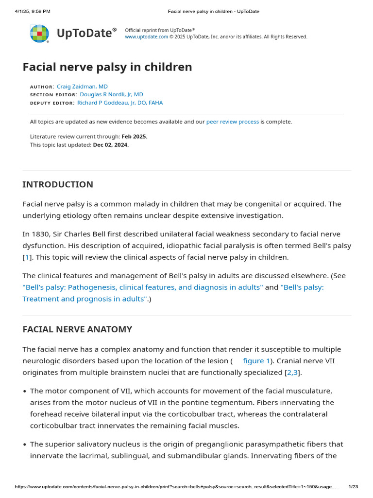 Facial Nerve Palsy in Children - UpToDate | PDF | Nervous System ...