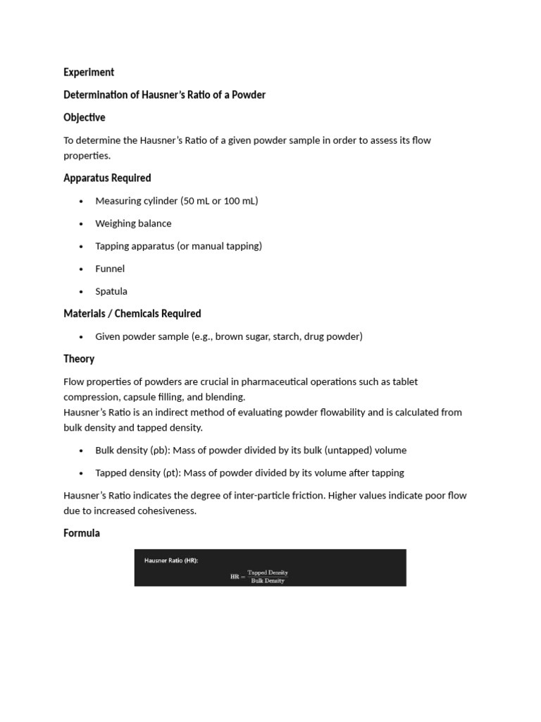 Experiment. Hausner Ratio | PDF | Density | Volume