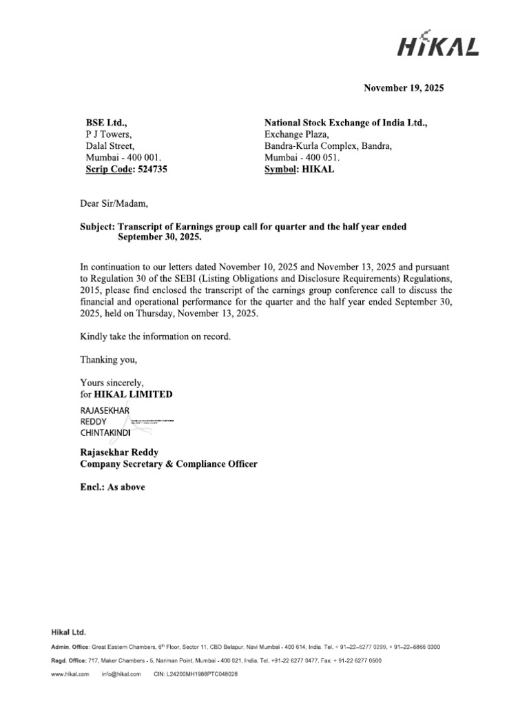 Hikal q2 Call Transcripts | PDF