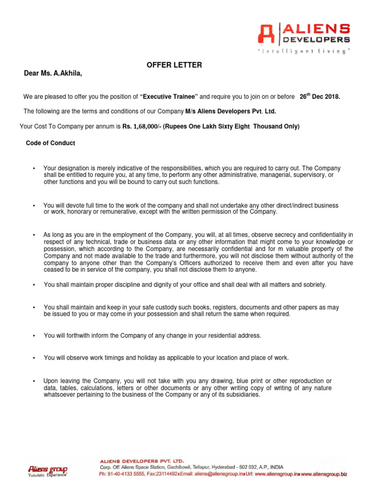 Aliens Group Offer Letters | PDF | Employment | Performance Appraisal