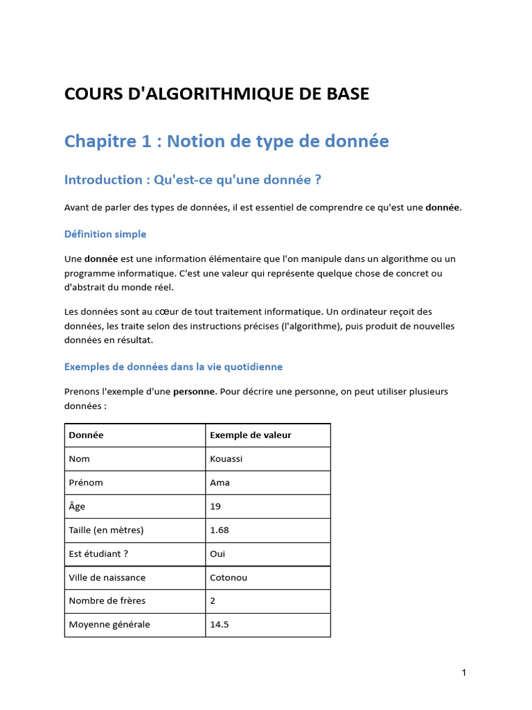 Ch. 1 - COURS D'ALGORITHMIQUE DE BASE | PDF | Booléen | Arrondi ...