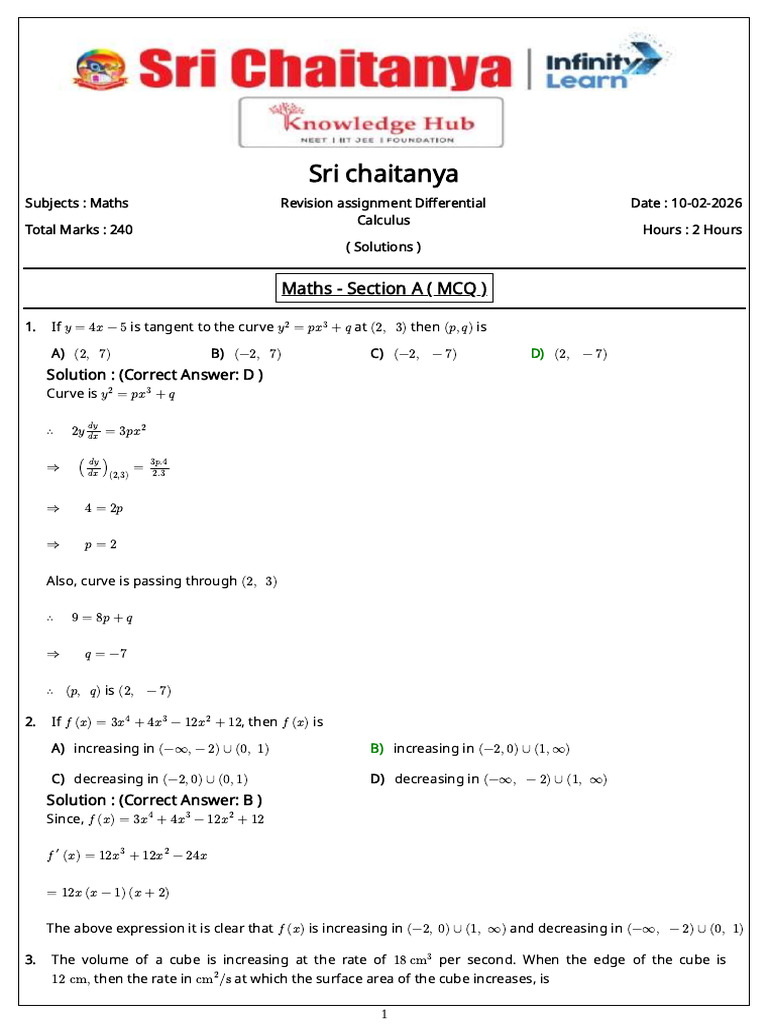 Maths Revision assignment Differential Calculus Solutions | PDF ...