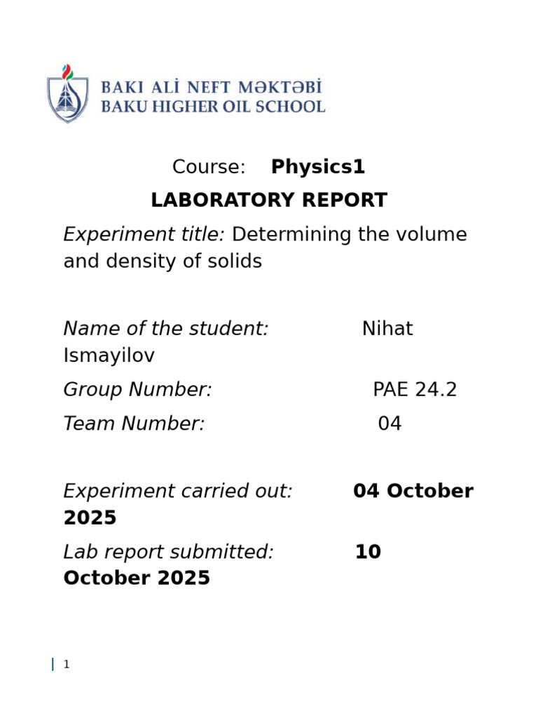 Report For Physics LAB 1 | PDF | Density | Volume