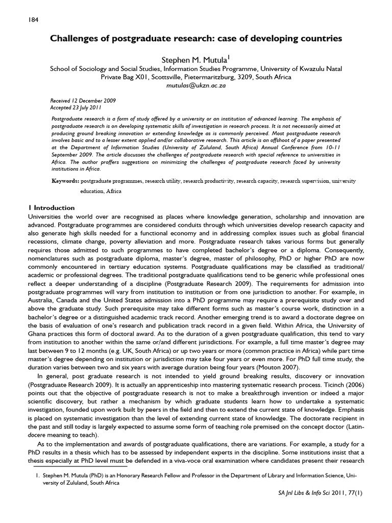 Mutula Challenges of Postgraduate Research Case of Developing Countries ...