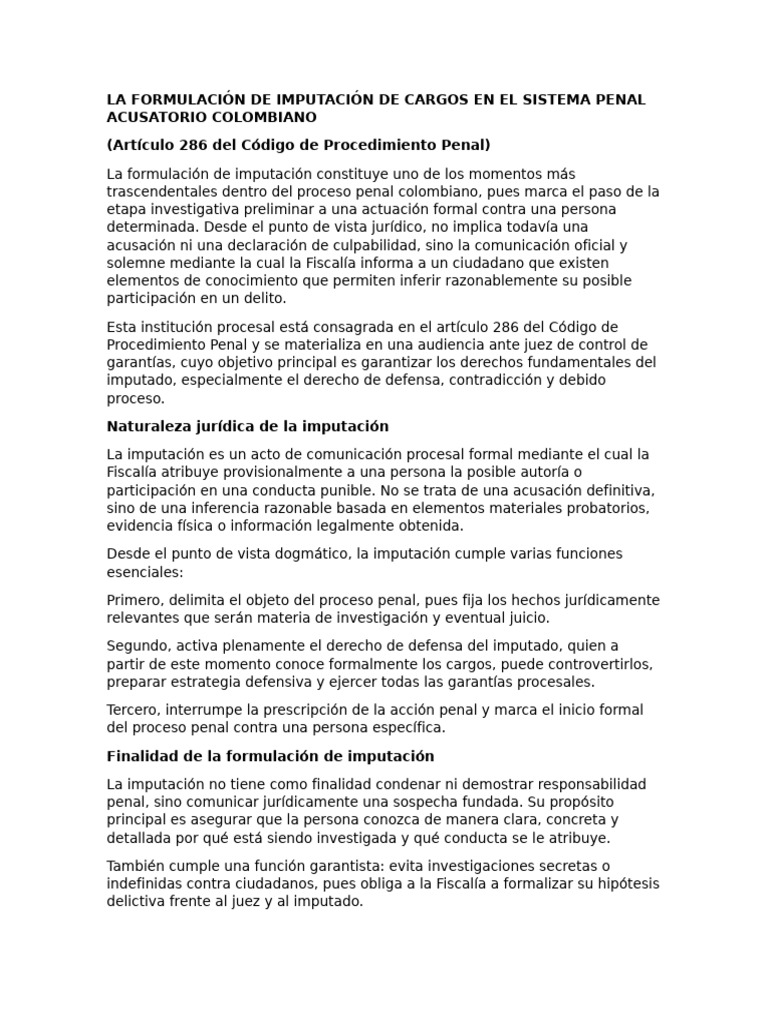 La Formulación de Imputación de Cargos en El Sistema Penal Acusatorio ...