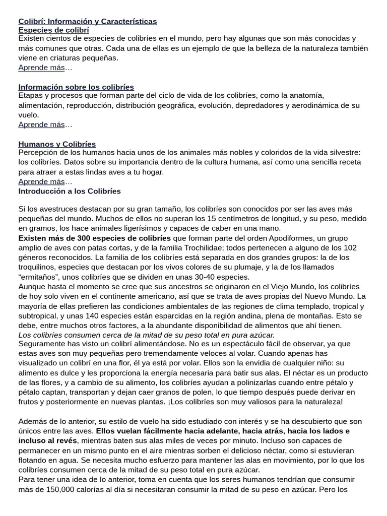 Colibrí - Información y Características | PDF | Aves | Zoología