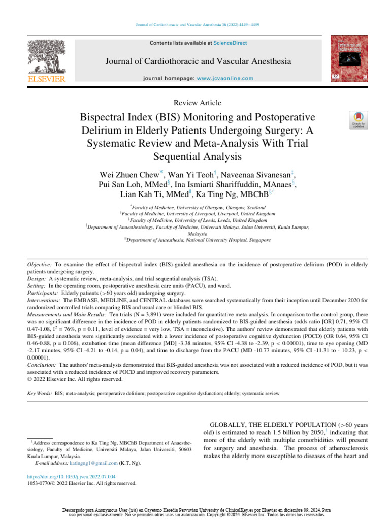 Bispectral Index Monitoring and Postoperative Delirium | PDF ...