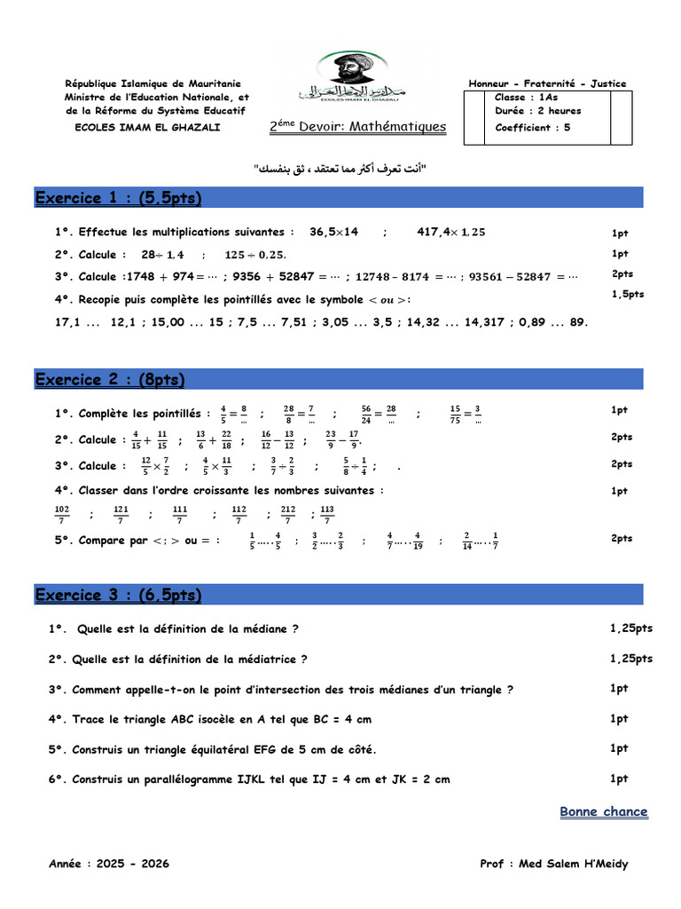 Devoir 2 MATHS 1AS | PDF | Triangle | Polytope