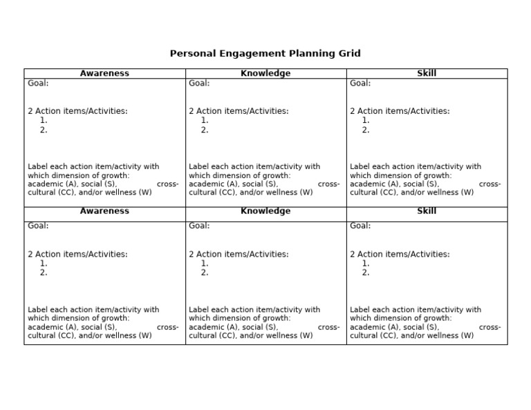 FYS 101 - Personal Engagement Plan Grid (Fall 2023) | PDF