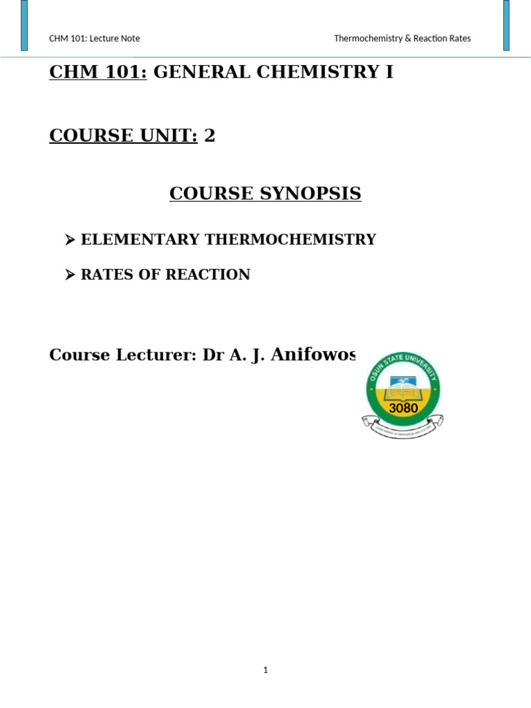 CHM 101 Lecture Note 2026 | PDF | Reaction Rate | Ionic Bonding
