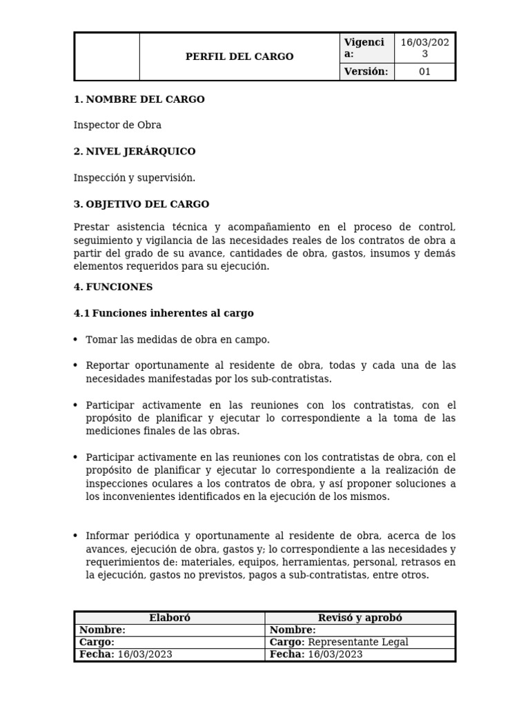 Perfil Del Cargo_Inspector de Obra-CCGM | PDF | Contabilidad ...