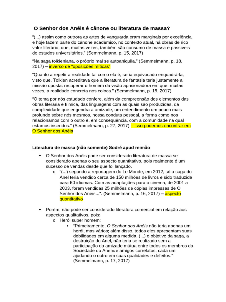 4 - O Senhor Dos Anéis É Literatura de Massa Ou Canônica | PDF | O ...