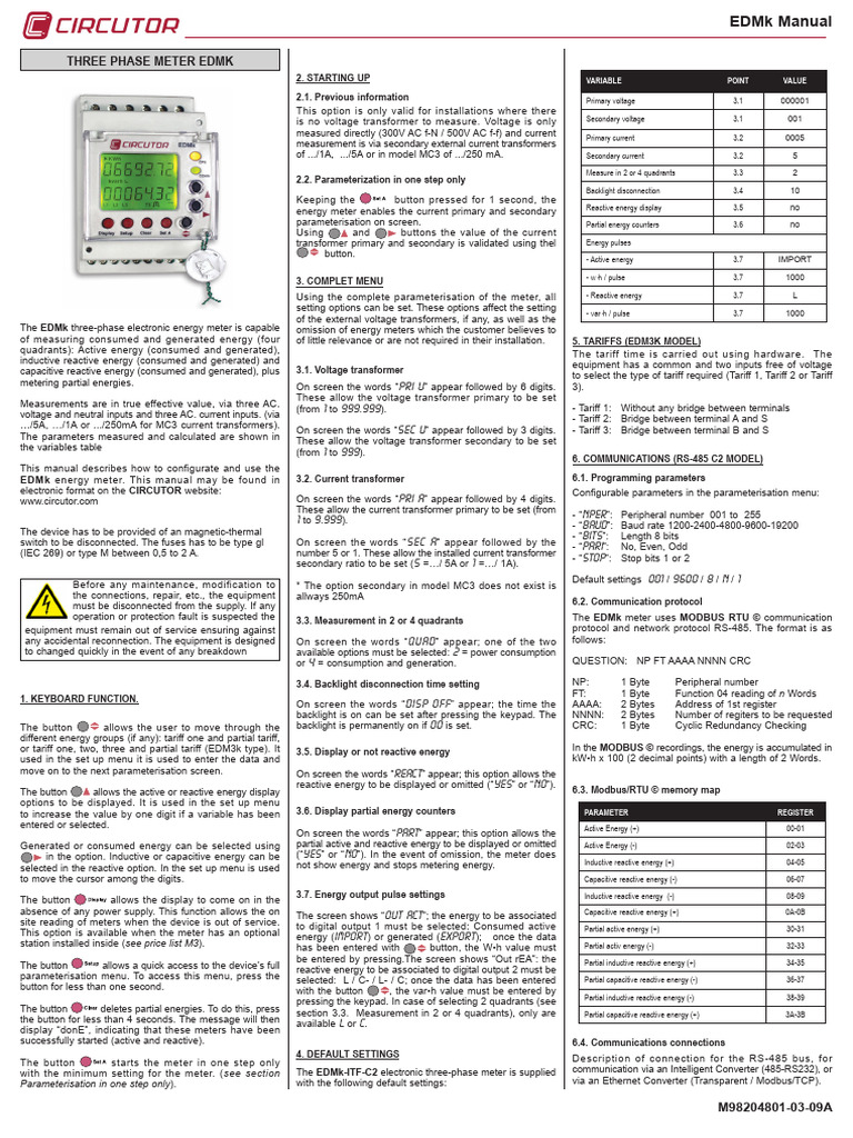 940 Circutor EDMK ITF RS485 C2 Energy Meter Manual | PDF | Transformer ...