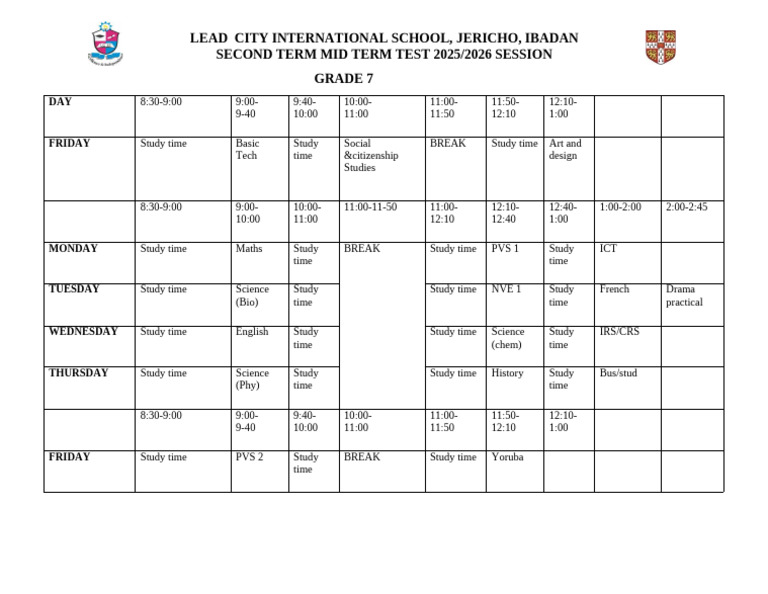 Grade 7 CA Time Table 2026 | PDF