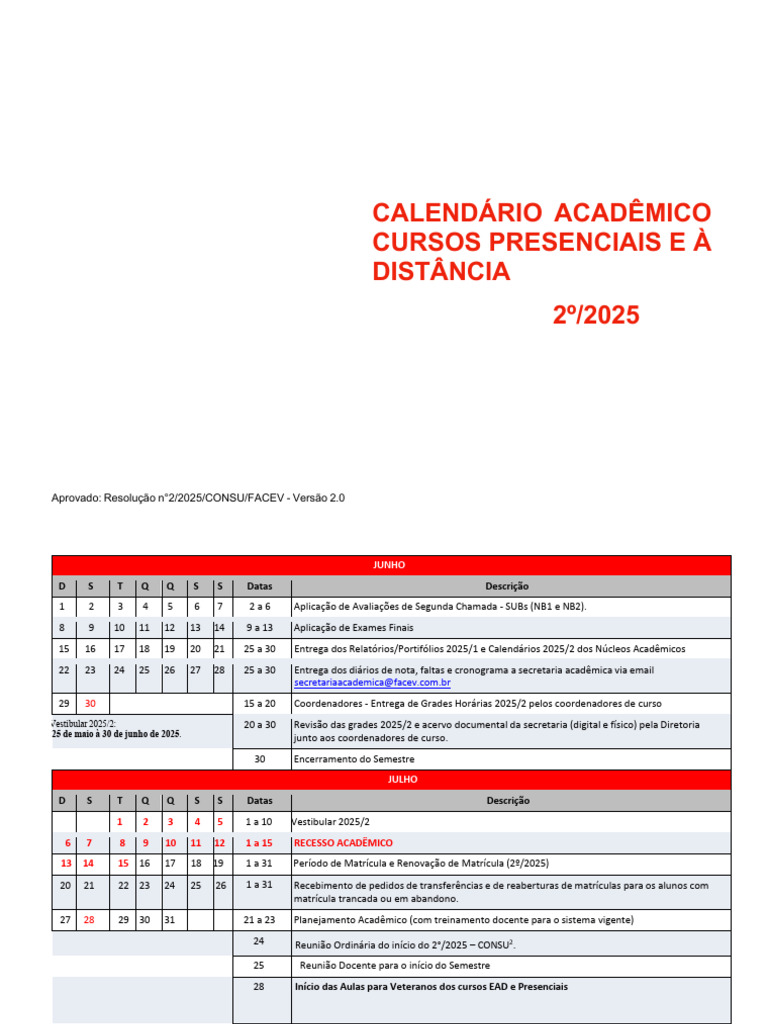 Calendário Acadêmico 2º.2025 - FACEV - Versão 2.0 | PDF