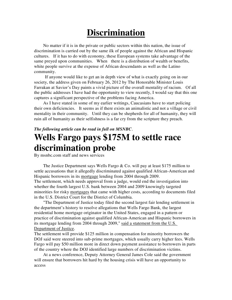 Discrimination PDF Wells Fargo Racism