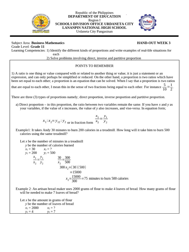 Activity Handout Q1 Week 3 Bus Math | PDF | Ratio | Breads