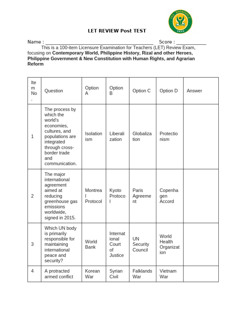 Let Review Post Test Gen Ed | PDF | Corazon Aquino | Leasehold Estate