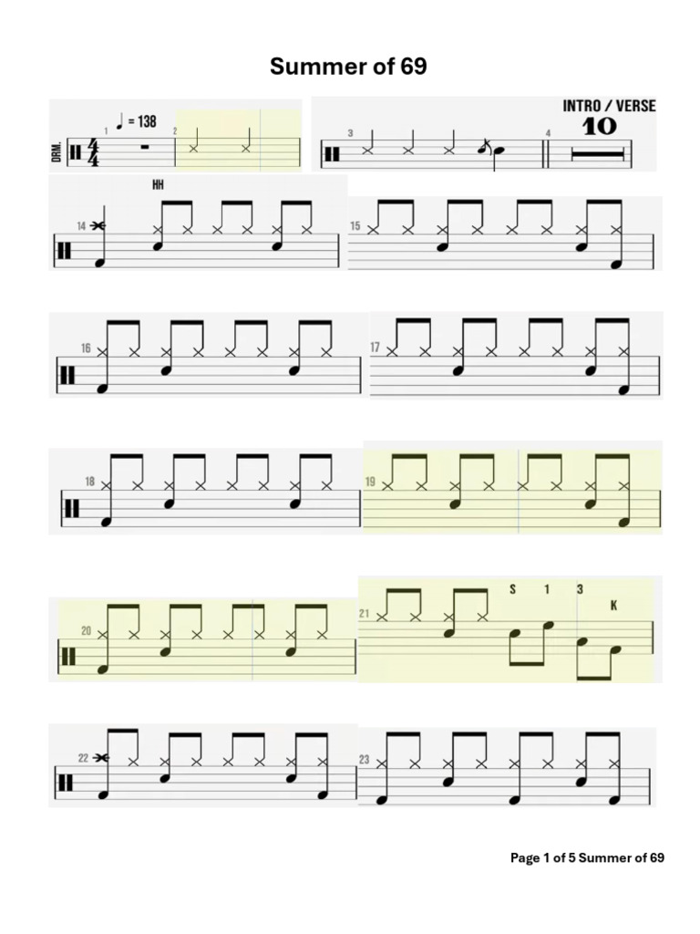 Drum Sheet Summer of 69 | PDF