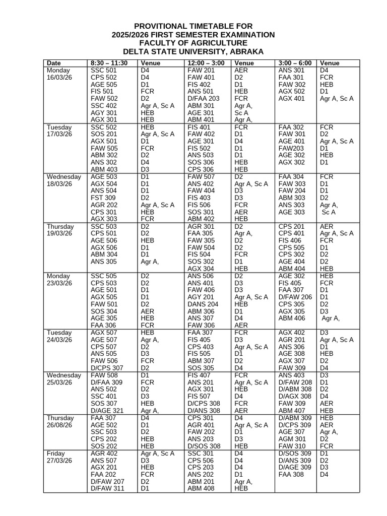 Examination Timetable 2025 2026 | PDF