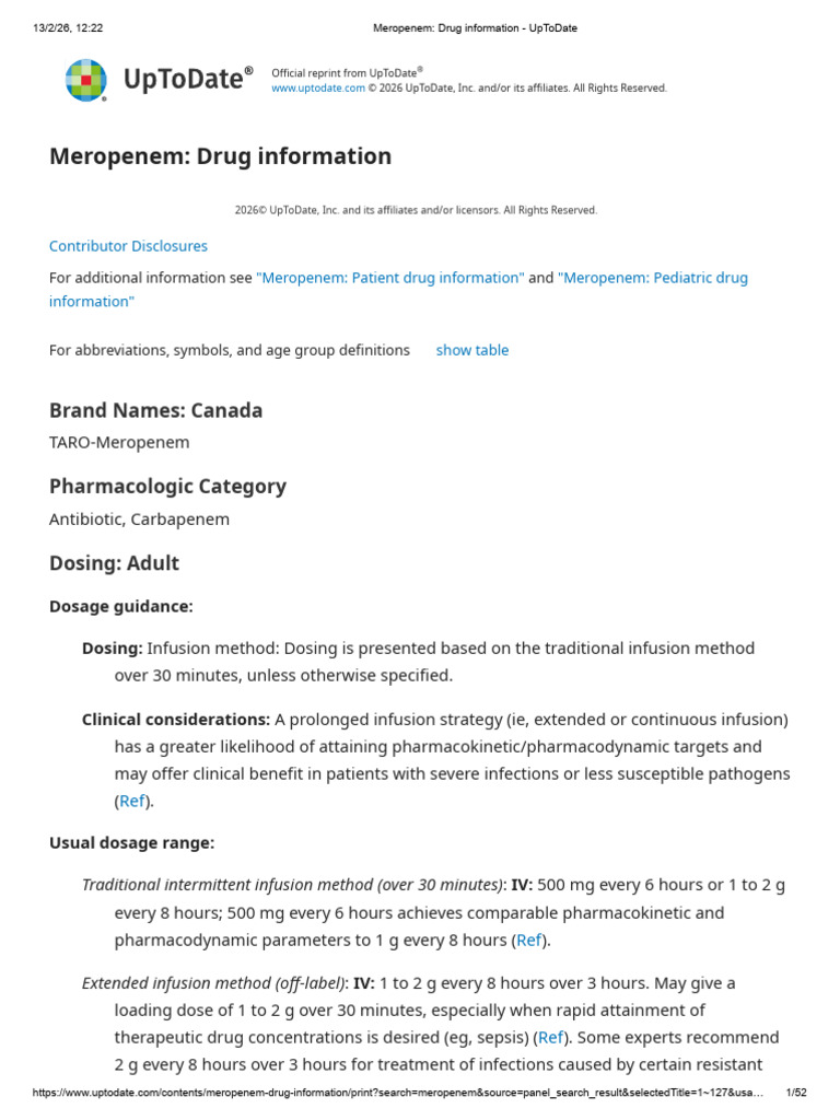 Meropenem - Drug Information - UpToDate | PDF | Sepsis | Dose ...