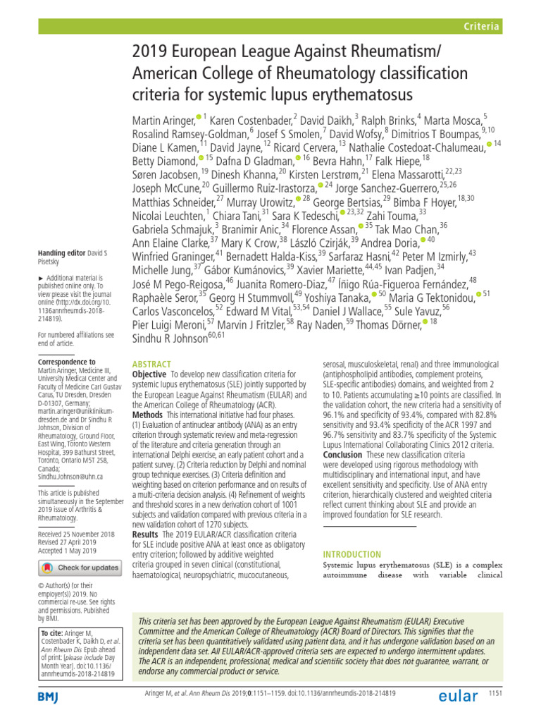 2019 EULAR - ACR Classification Criteria For Systemic Lupus ...