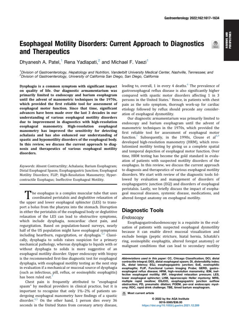 Esophageal Motility Disorders Current Approach to Diagnostics | PDF ...