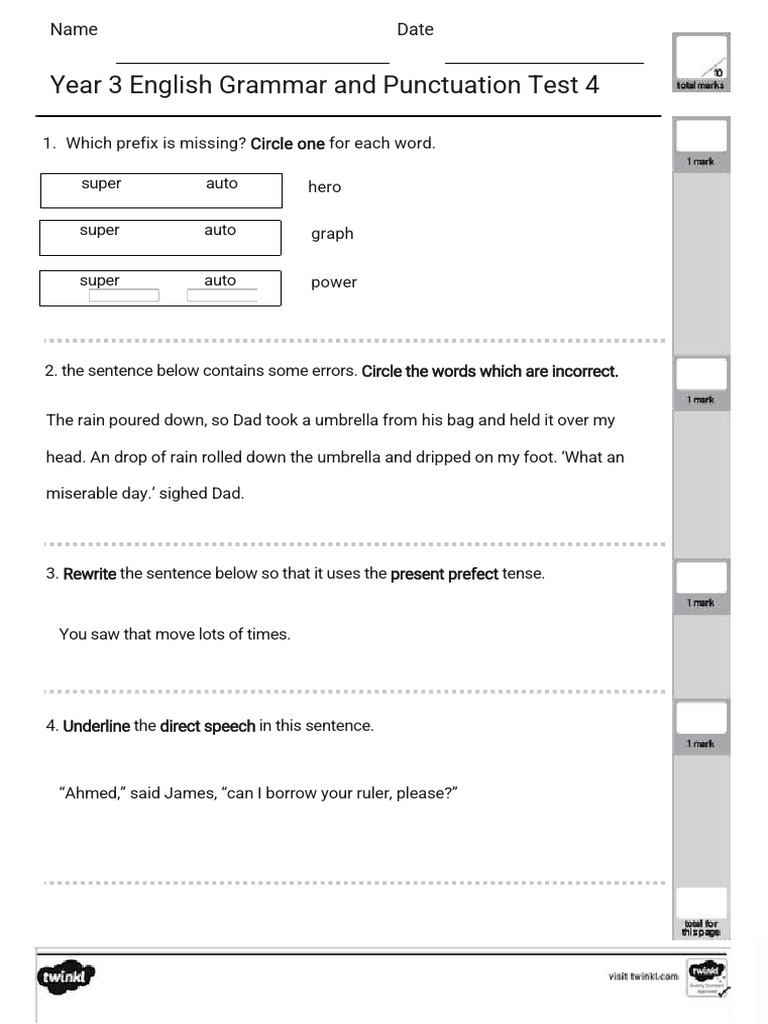 Year 3 English Grammar and Punctuation Test 4 | PDF