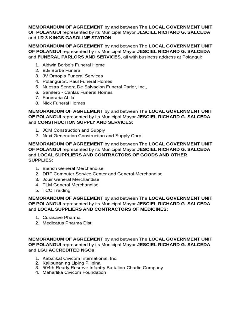 Memorandum of Agreement by and Between the Local Government Unit of ...