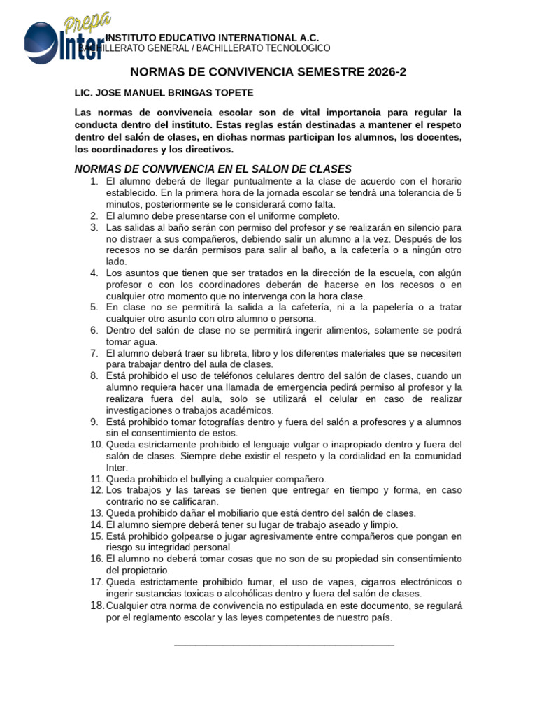 Normas de Convivencia Curso 2026-2 | PDF | Salón de clases