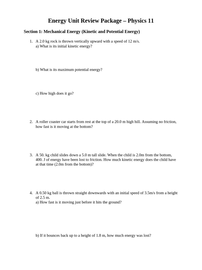 Energy Unit Review Package | PDF | Heat | Friction