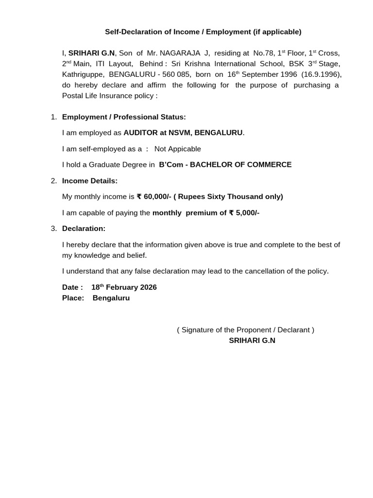 Srihari Self Declaration Form for Pli | PDF