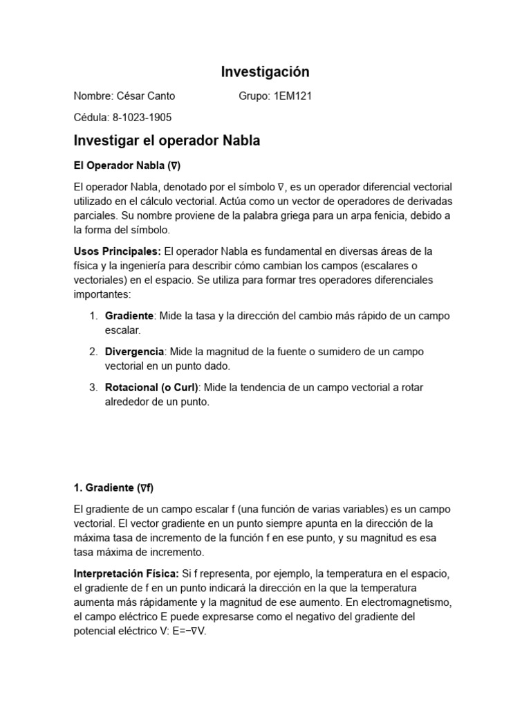 Investigacion Fisica 2 Nabla - CC | PDF | Divergencia | Degradado