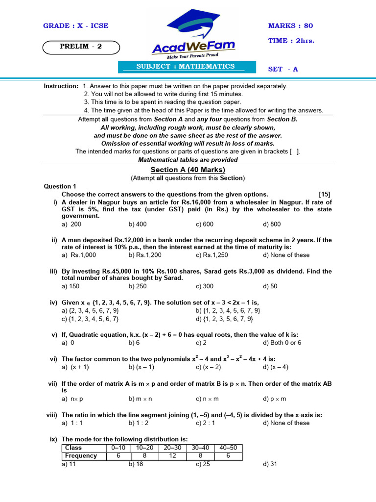 X - ICSE - Maths - Prelim 2 - Set A - QP | PDF | Mathematics